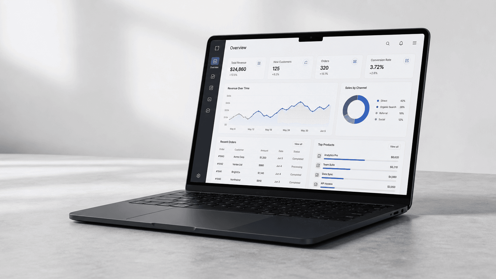 A real laptop displaying an Itonga-style analytics dashboard